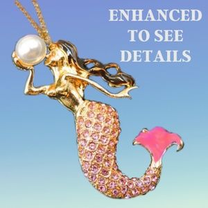 Pink Crystals Mermaid Holding Faux Pearl Pendant Necklace on Gold Alloy Metal